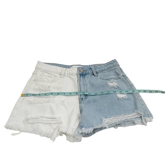 Vervet Medium Blue & White Colorblock Denim Rebecca High Rise Distressed Shorts - Picture 8 of 10